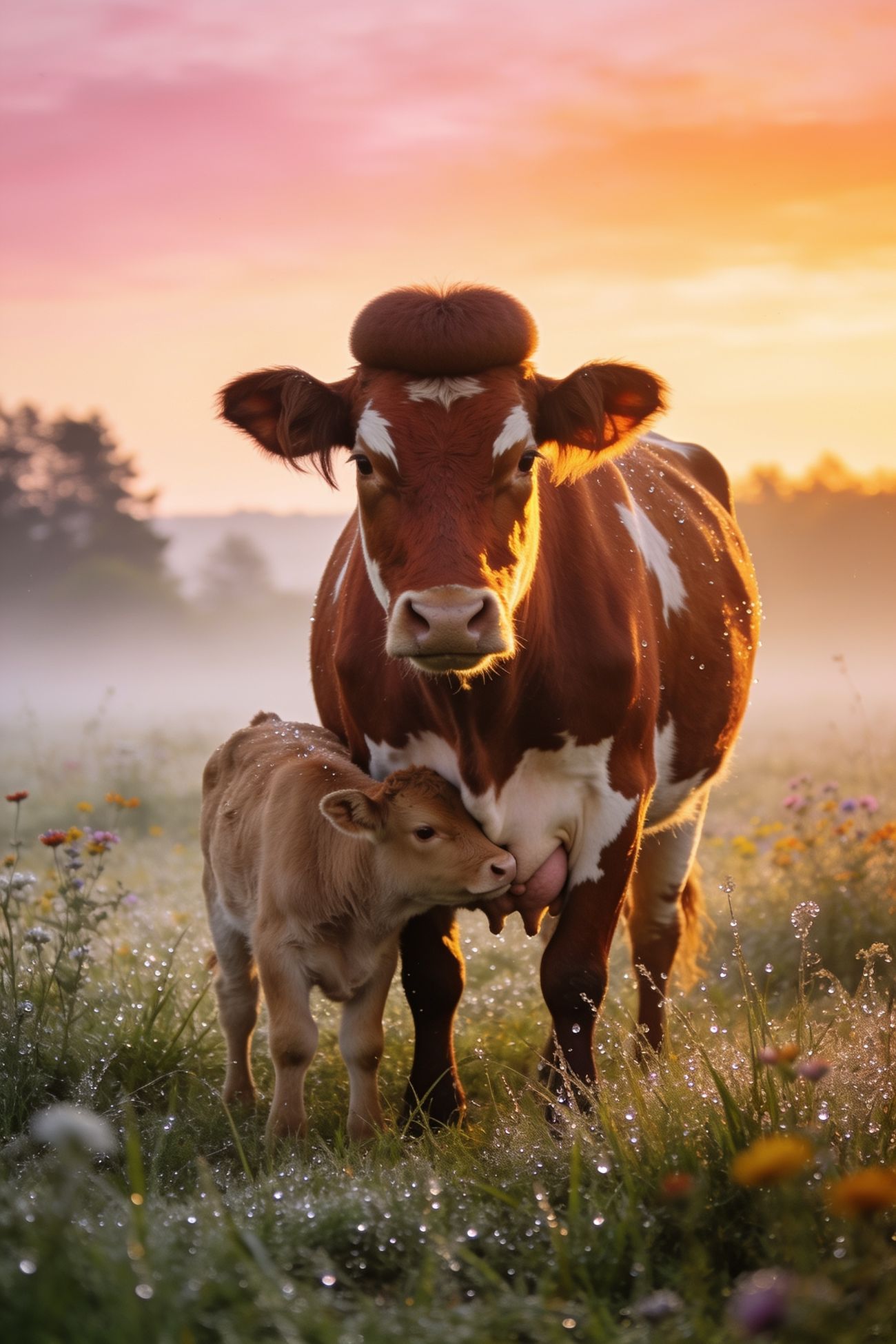 Cow and calf grazing at sunrise